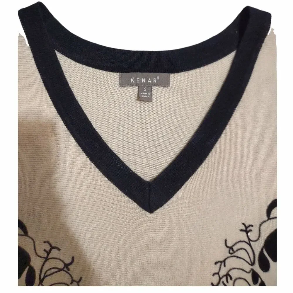 KENAR Kimono Style Sweater Top Tan & Black with Embroidered Size S Cozy Vintage